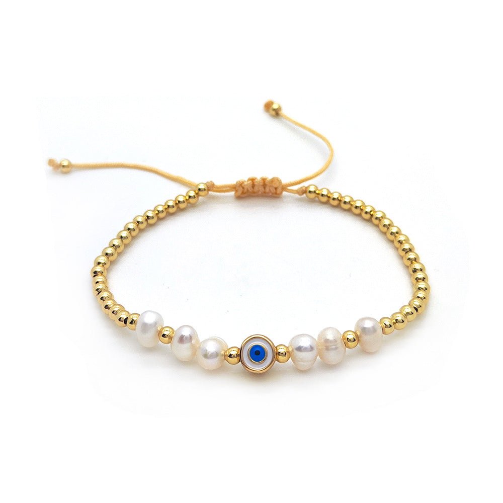 Devil's Eye Freshwater Pearl & 18K Gold Plated Beaded Bracelet