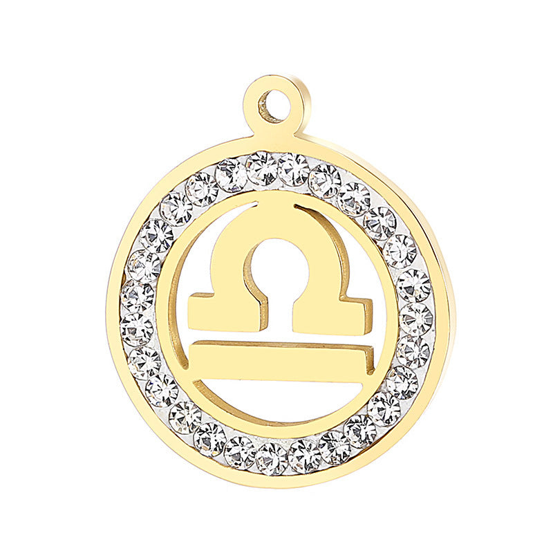 Classic Stainless Steel Zodiac Constellation Pendant Necklace with Rhinestone Inlay