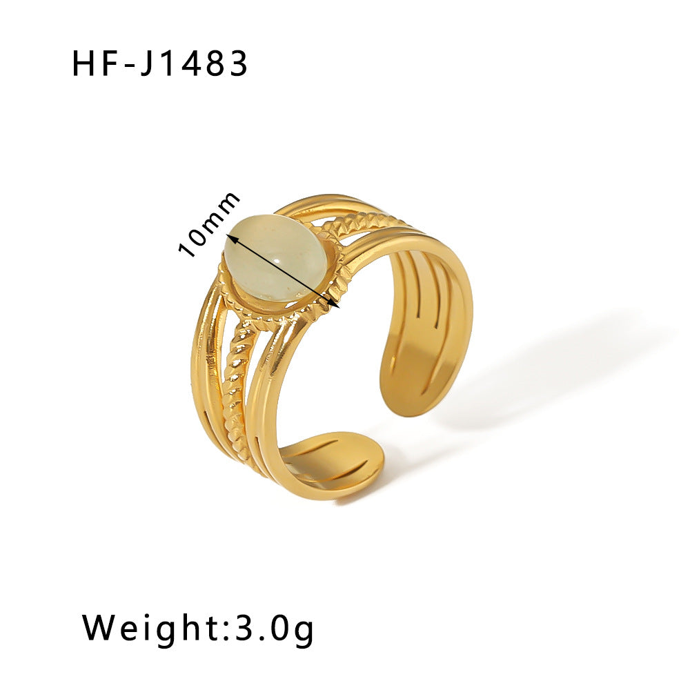 Basic Vintage Style Round Stainless Steel Plating Inlay Natural Stone 18K Gold Plated Open Rings