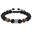 Geometric Alloy Tiger Eye & Obsidian Men's Bracelet with Black Magnet Braided Stainless Steel 10mm Faceted Stone
