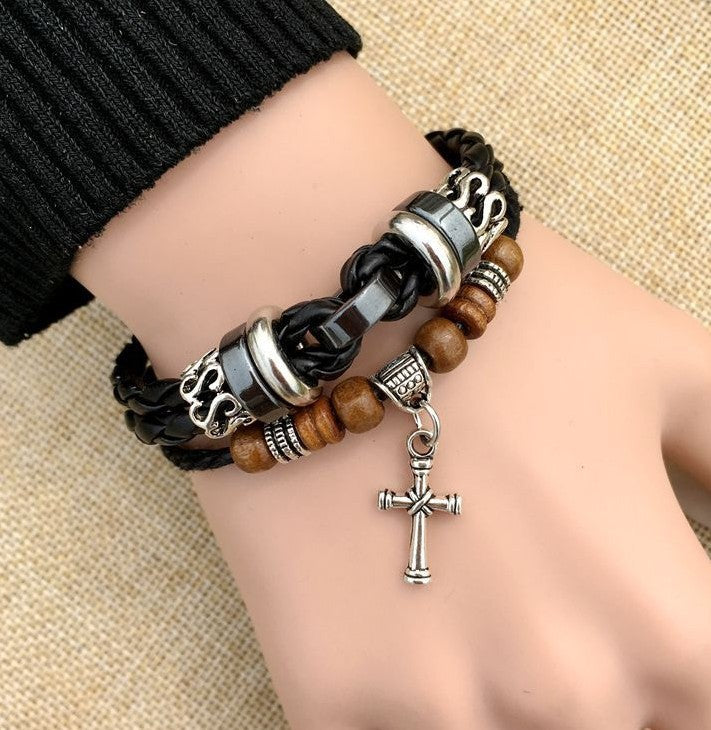 Vintage Ethnic Cross Leaf Alloy Wooden Bead Unisex Bracelet - European Retro Cowhide Handwoven Fashion