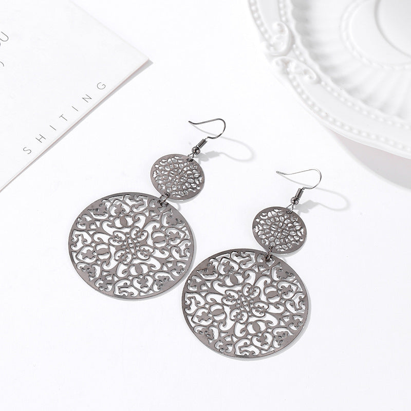 Vintage Geometric Carved Disc Drop Earrings