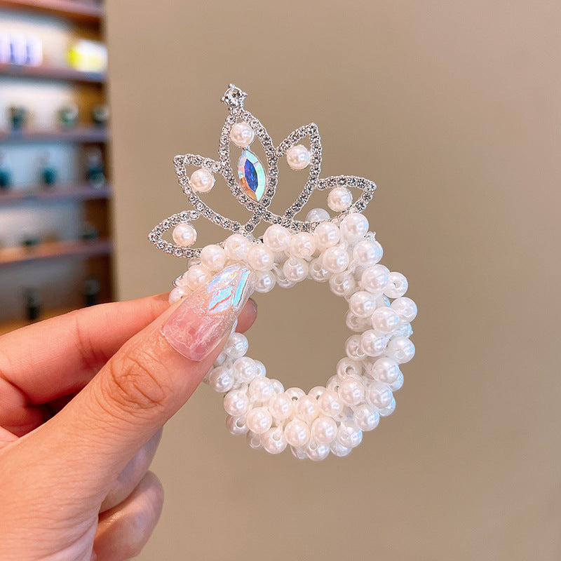 Cute Crown Pearl Rhinestone Hair Tie for Girls