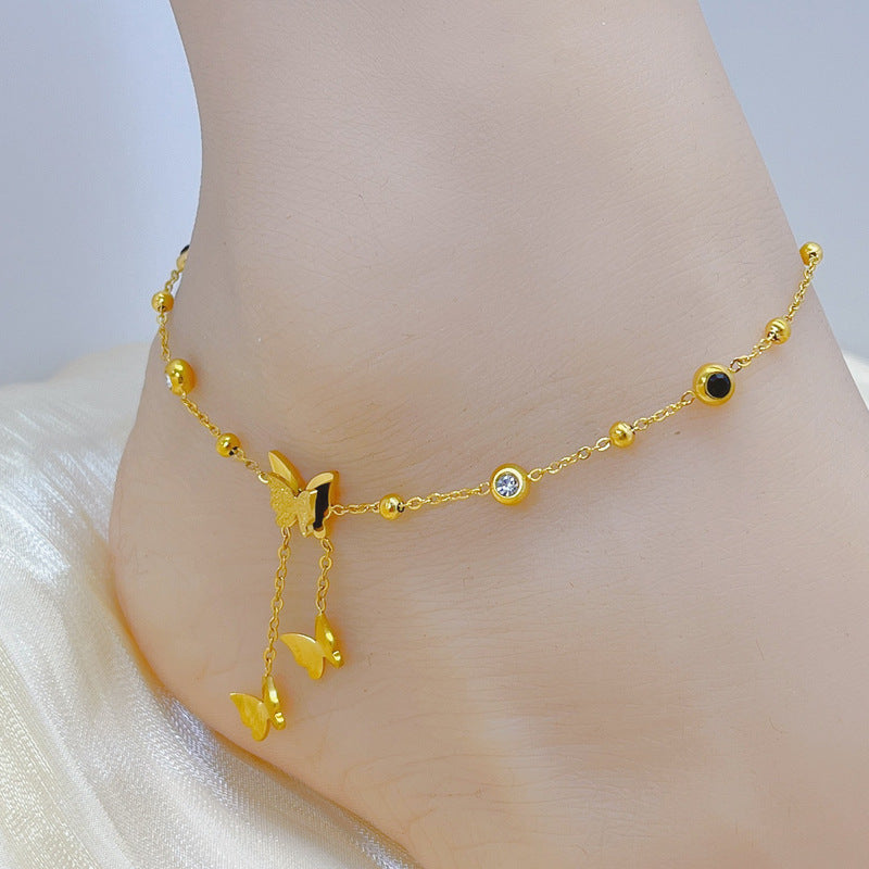 Elegant Butterfly & Star 18K Gold Plated Stainless Steel Anklet with Shell Tassel and Zirconia Accents