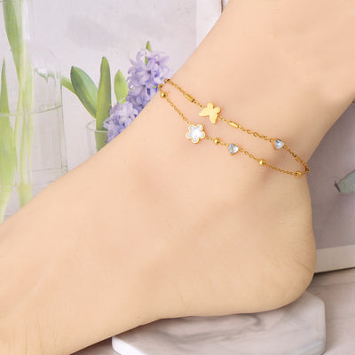 Elegant Heart & Butterfly 18K Gold Plated Stainless Steel Anklet with Rhinestones and Shell