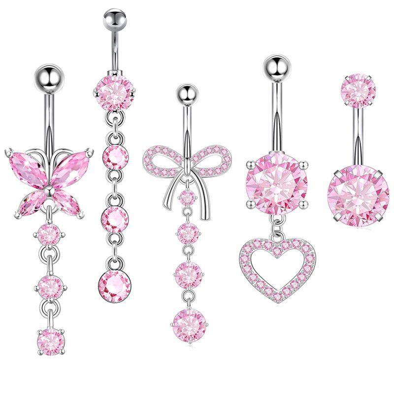 Shiny Heart & Butterfly Bow Zircon Inlaid Navel Rings - Stainless Steel & Copper