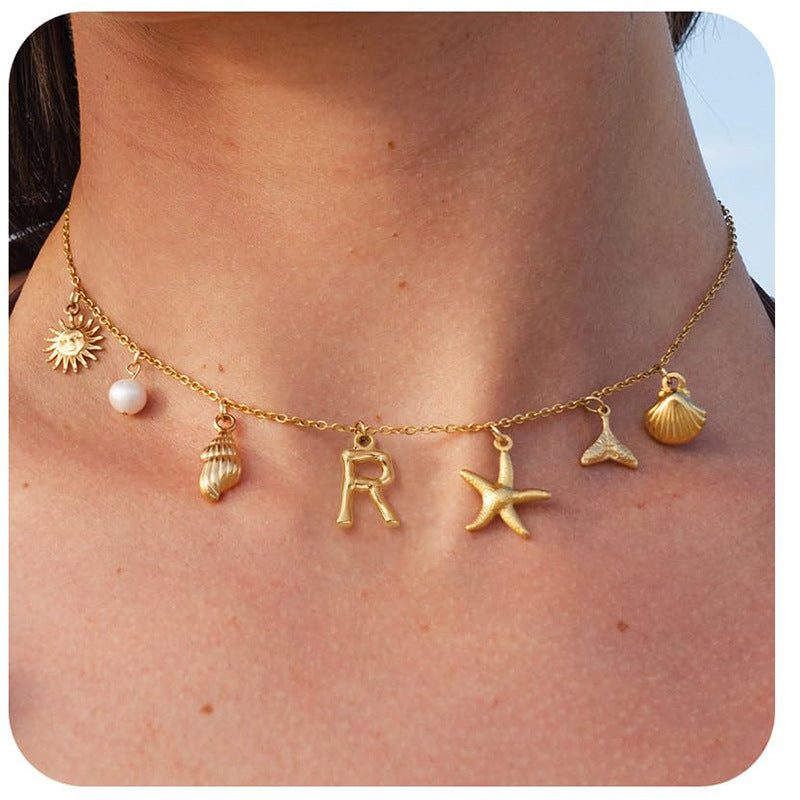 Copper Sun Starfish Pendant Necklace - Summer Beach Shell Choker