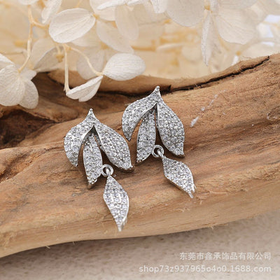 Elegant Leaf Inlay Rose Gold Plated Zircon Drop Earrings