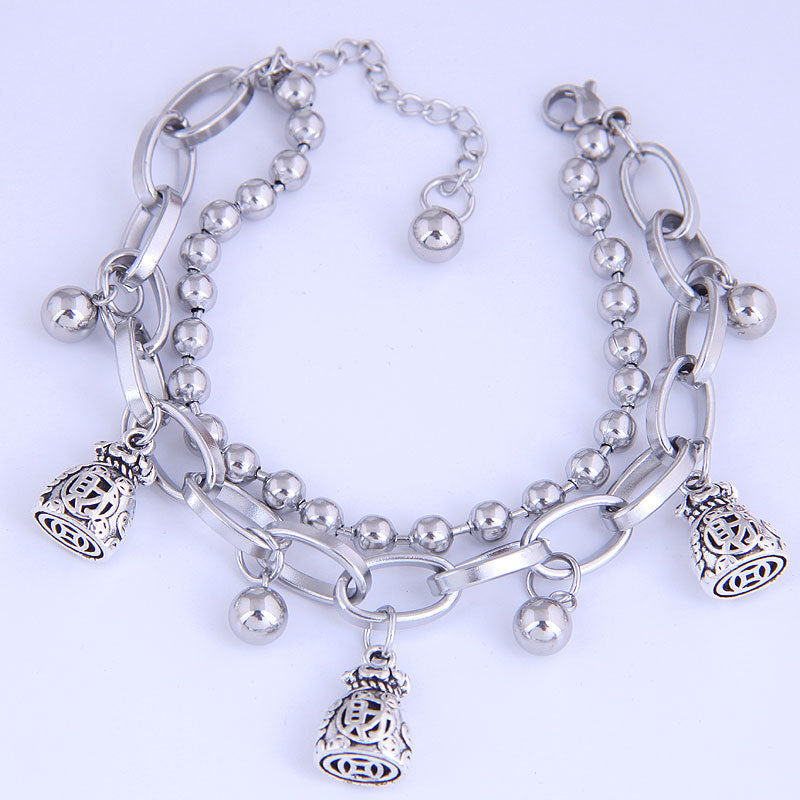 Korean Hip-hop Stainless Steel Bead Crown Double Layer Bracelet