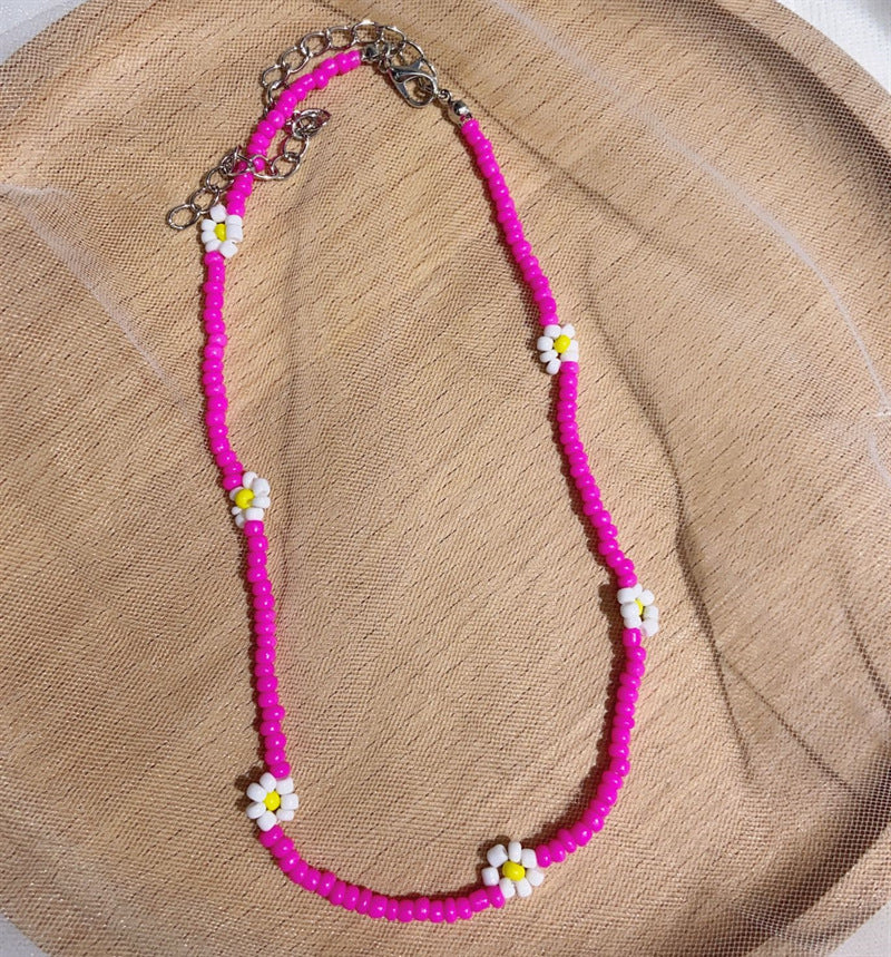 Sweet Flower Beaded Choker Necklace - Minimalist Polymer Clay Beads Statement Chain