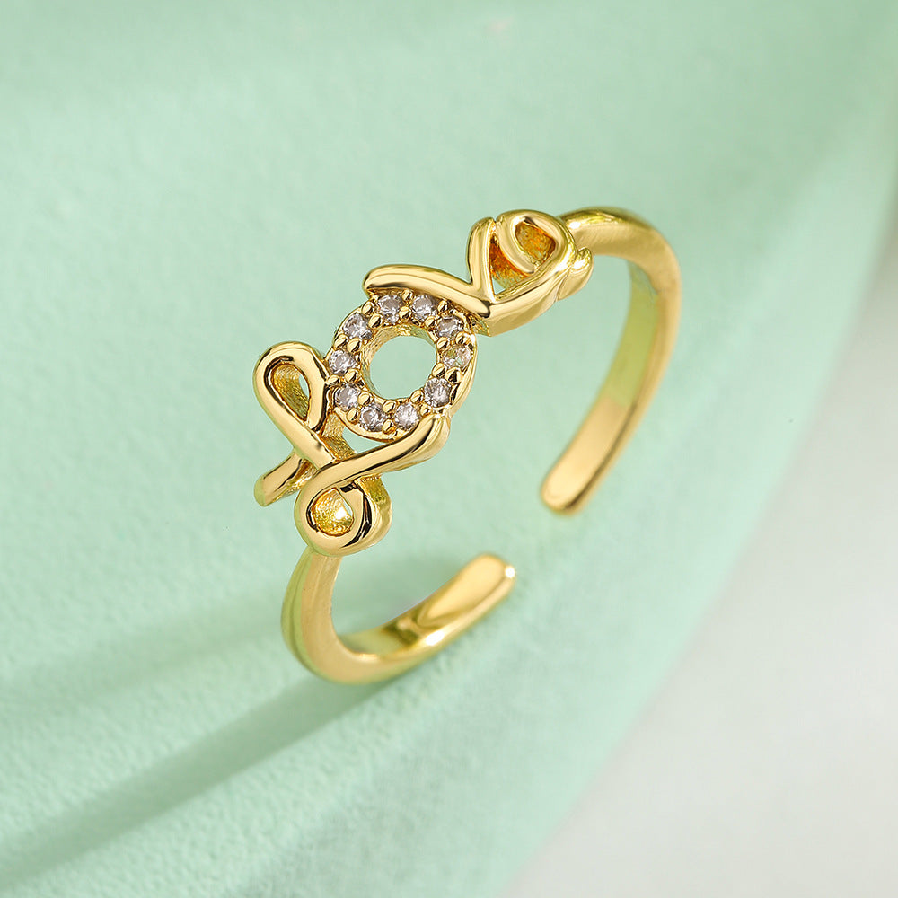 Simple Geometric Love 18K Gold Plated Zircon Open Ring