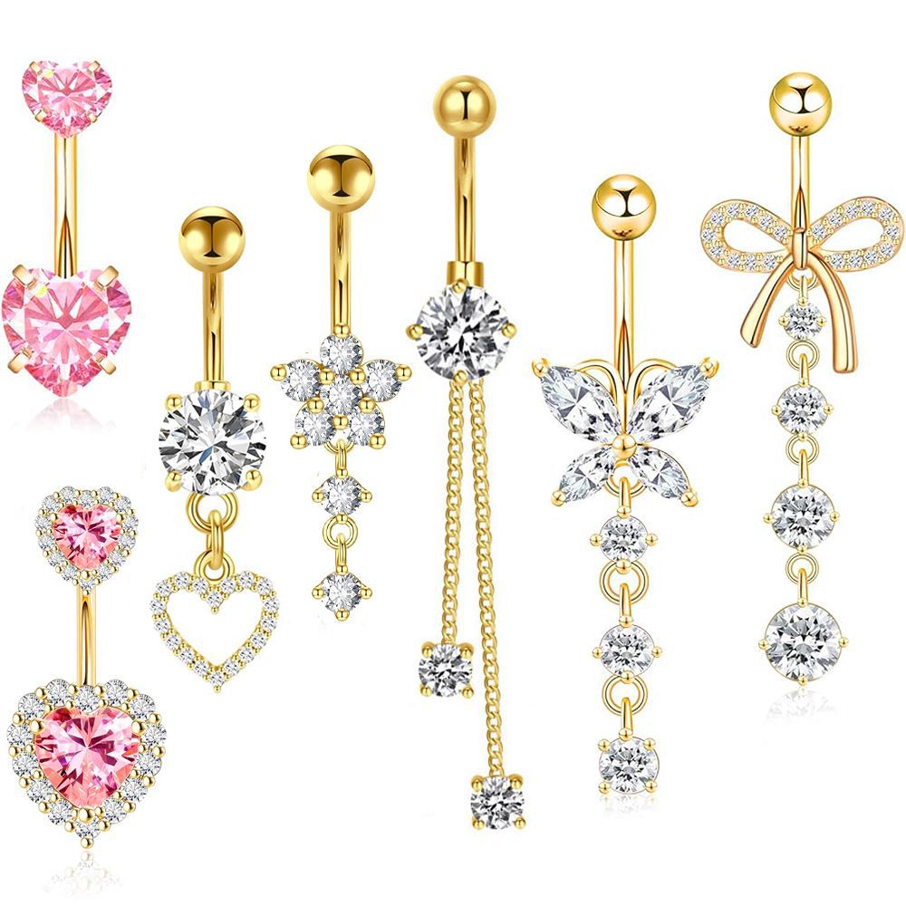 1 Piece Heart & Butterfly Zircon Inlay Stainless Steel Belly Ring Set