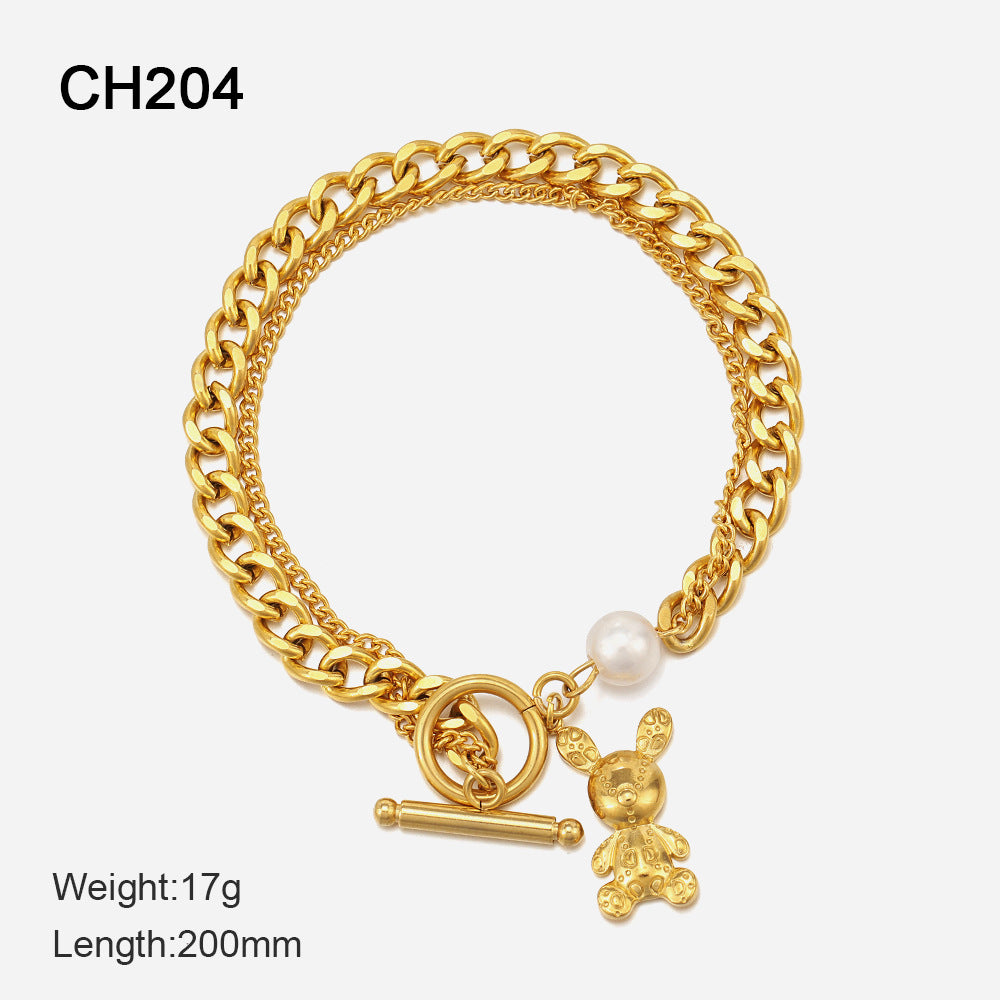 Fashion Double Layer Bear Stainless Steel 18k Gold Plated Pearl Bracelet