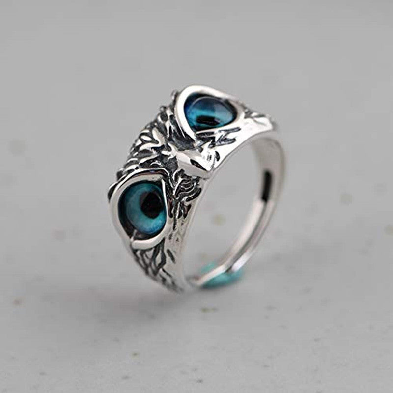 Retro Blue-Eyed Owl Adjustable Unisex Ring