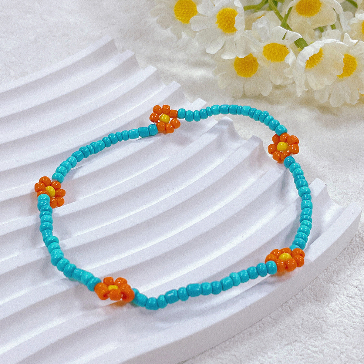 Bohemian Daisy Flower Seed Bead Anklet Bracelet