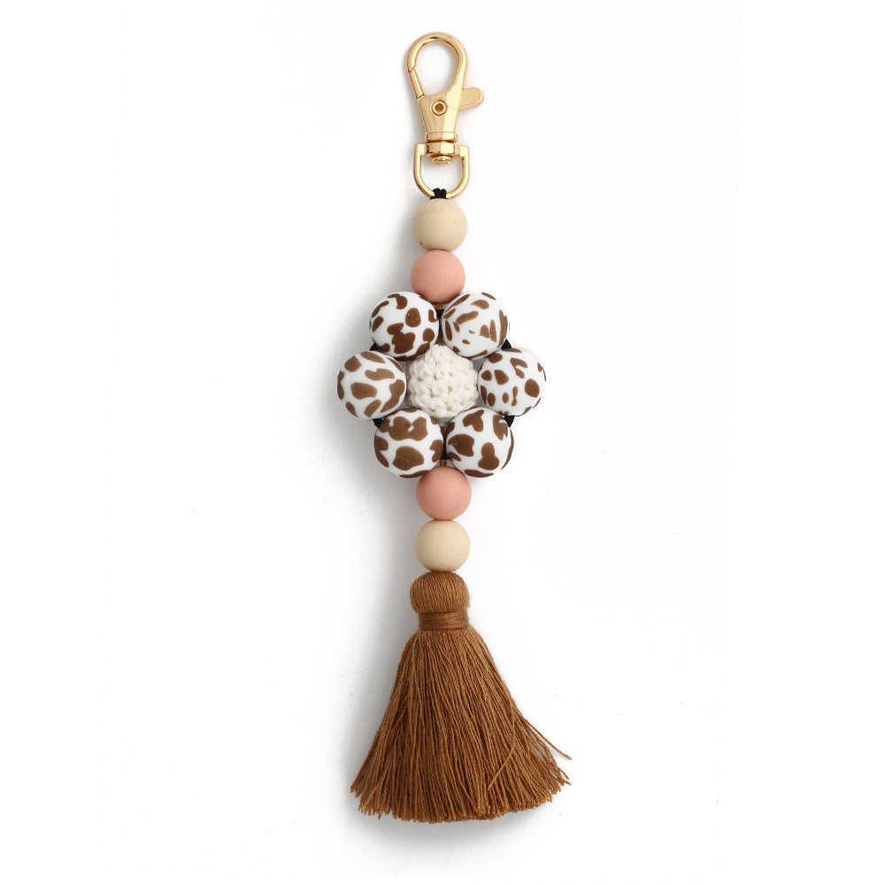 Pastoral Color Block Beaded Silicone Tassel Keychain for Women