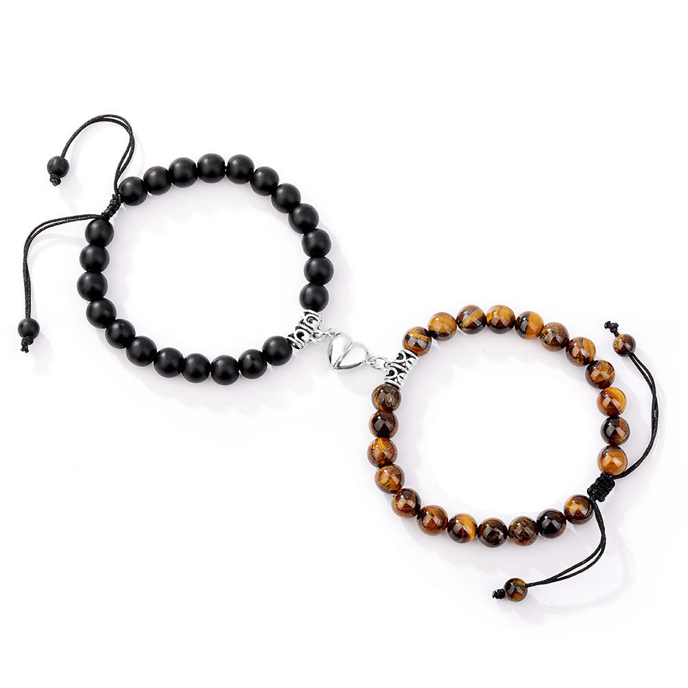 Fashion Round Stainless Steel Natural Tiger Eye Stone Magnetic Couple Bracelets