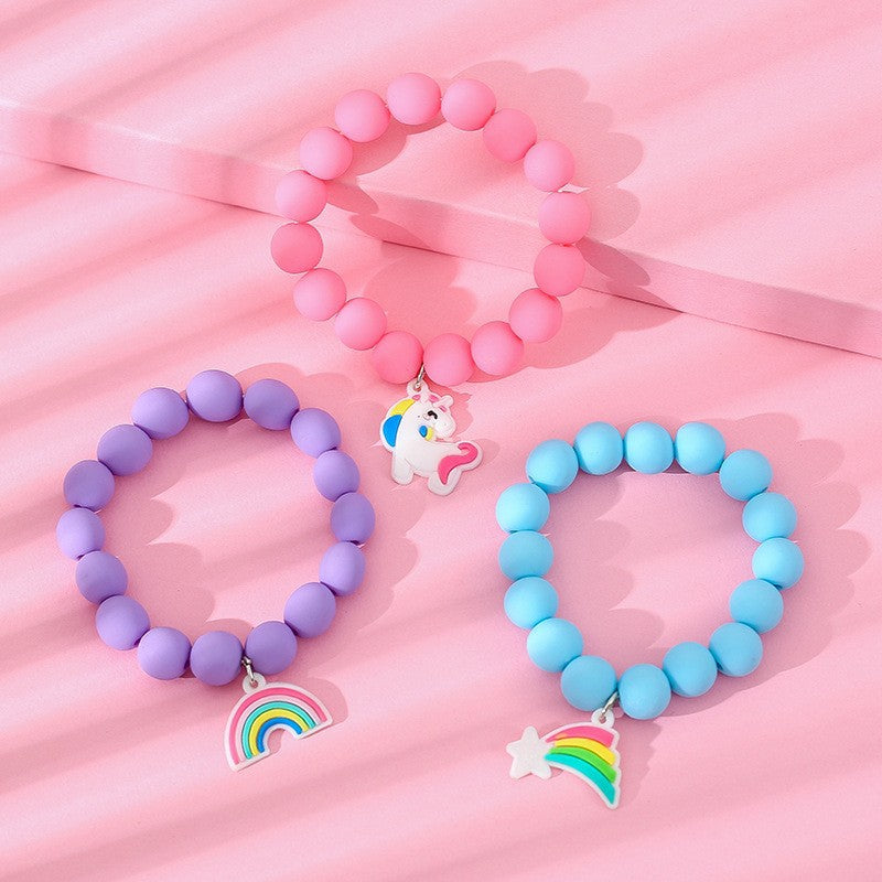 Cute Unicorn and Dog Heart-Shaped Acrylic and Rubber Kids' Bracelet Set - 3 Pieces