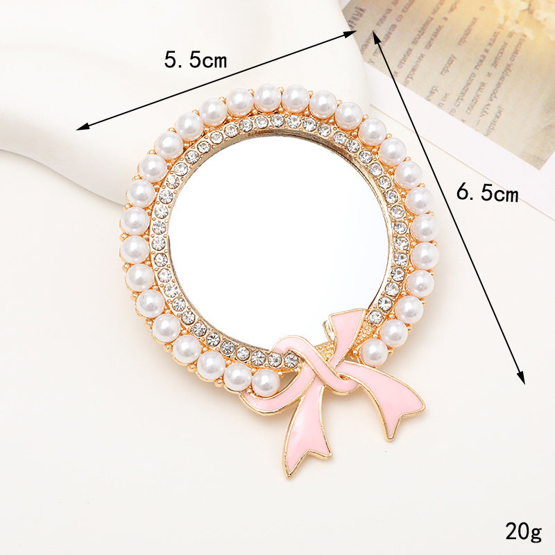 1 Piece 1 Pair 55*65mm Metal Rhinestones Pearl Bow Knot Polished DIY Accessories & Round Pearl Mirror Phone Decoration with Enamel Ribbon Makeup Mirror