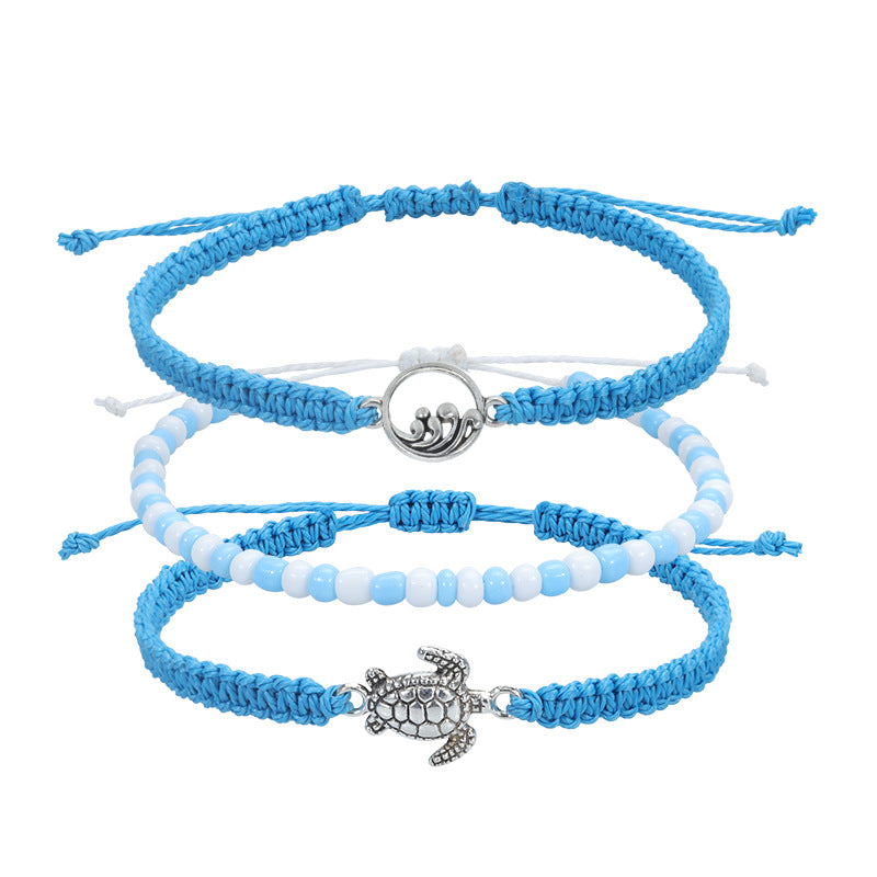 Retro Waves Wax Line Braid Bracelet and Anklet Set - Turtle and Shell Beach Jewelry