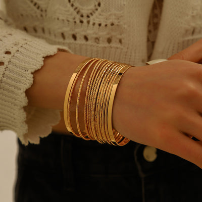 Classic Solid Color Alloy Bangle Set - Gold Tone Wide Cuff Bracelets (14 Pieces)