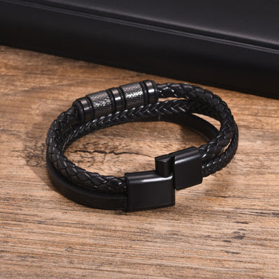 Hip-Hop Retro Stainless Steel Black PU Leather Layered Men's ID Bracelet