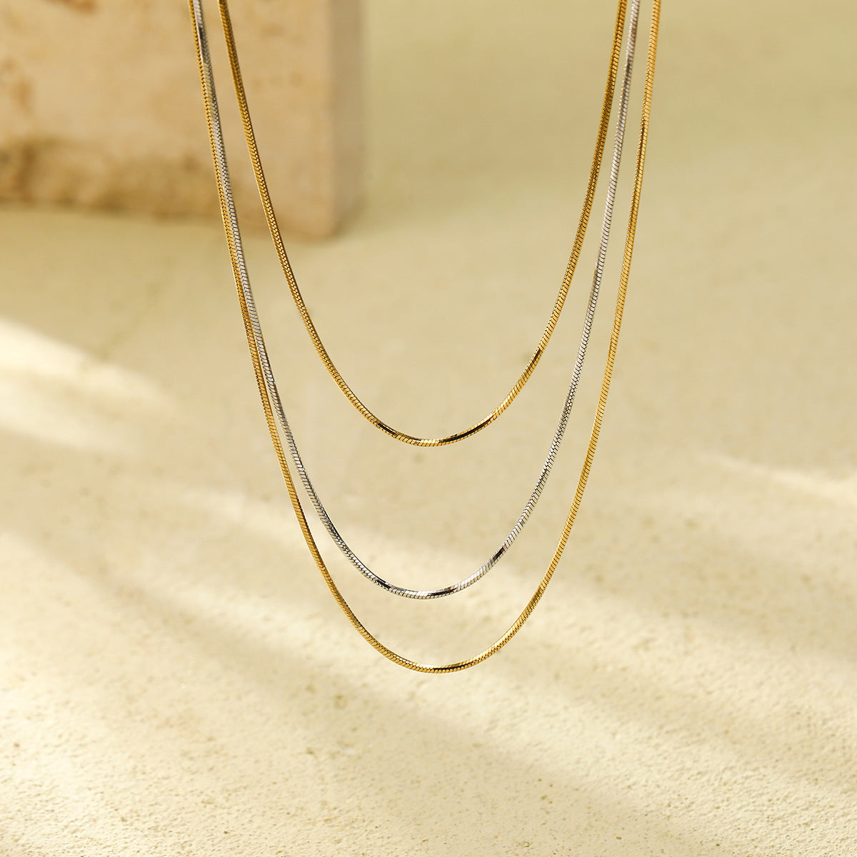 Layered Geometric 18k Gold Stainless Steel Snake Chain Necklace