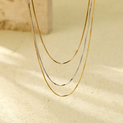 Layered Geometric 18k Gold Stainless Steel Snake Chain Necklace