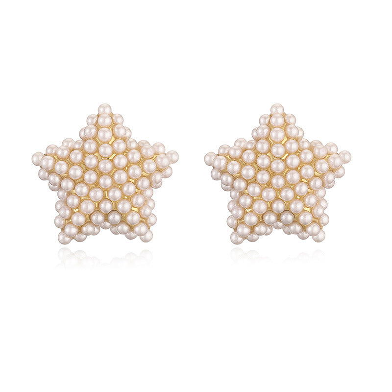 Elegant Pentagram Heart Rhombus Pearl 18K Gold Plated Copper Stud Earrings