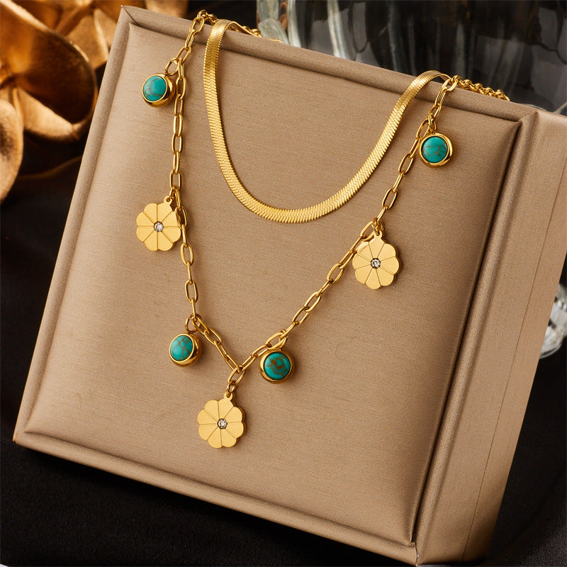 Retro Modern Style Eye Titanium Steel Plating Hollow Out Inlay Turquoise Zircon 18K Gold Plated Layered Necklaces