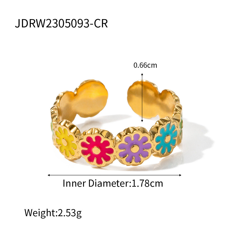 Vacation Enamel Daisy Adjustable 18K Gold Plated Stainless Steel Ring