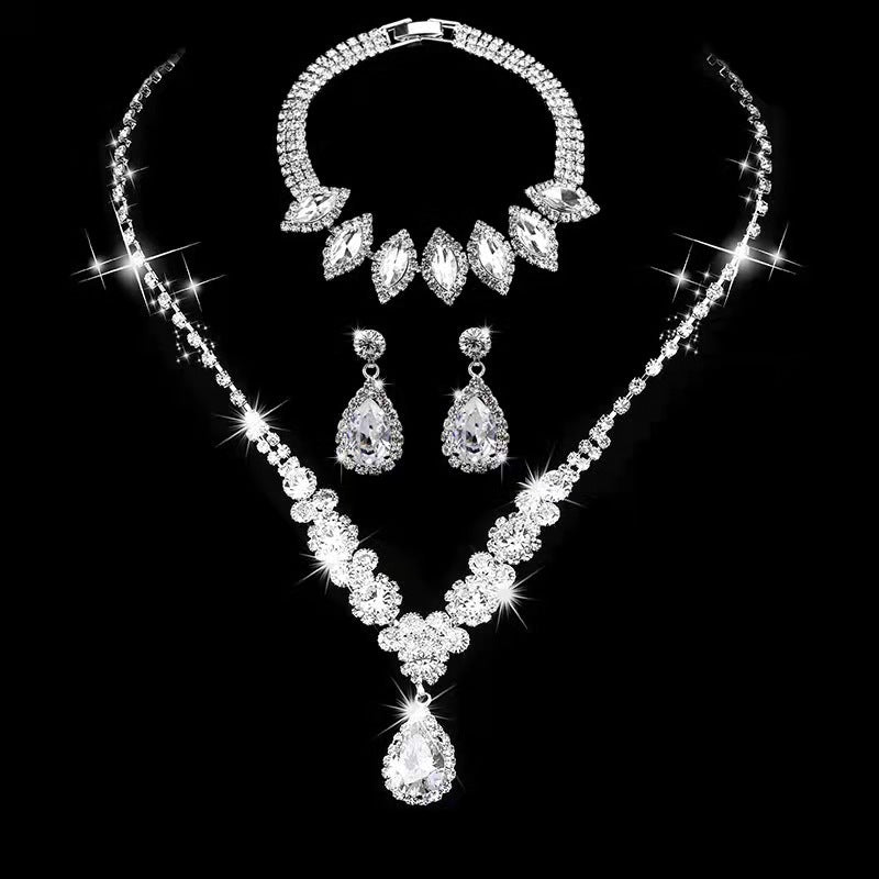 Simple Solid Color Zircon Rhinestone Bridal Jewelry Set - Necklace, Earrings, and Bracelet