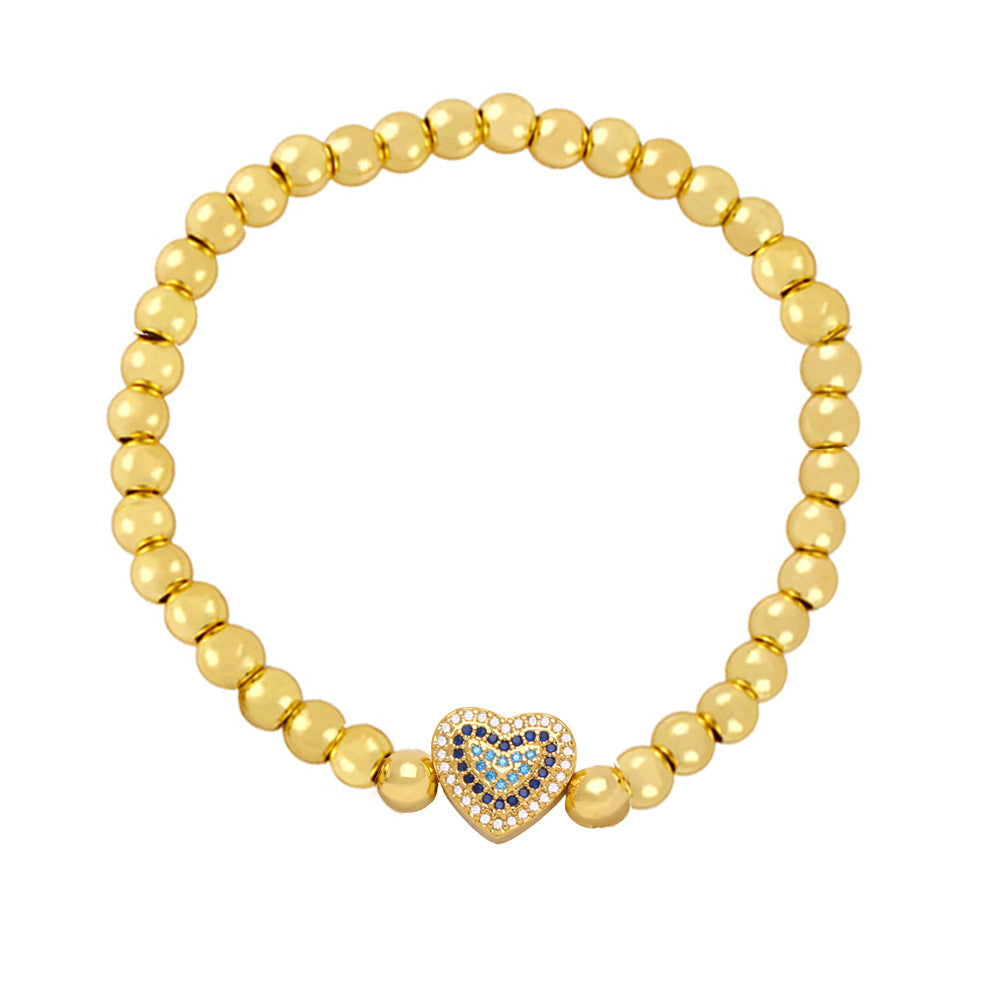 Fashion Zircon Heart & Gold Bead Copper Bracelet