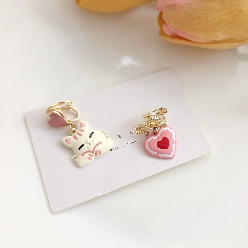 Sweet Heart Cat Bow Knot Asymmetrical Drop Earrings in Pink Enamel with S925 Silver Needle