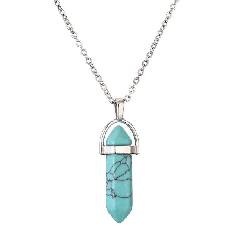 Ethnic Geometric Stainless Steel Natural Stone Crystal Pendant Necklace