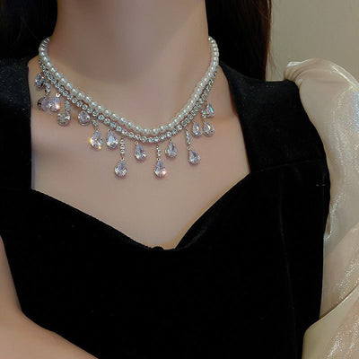 Baroque Water Droplet Rhinestone Pearl Zircon Layered Choker Necklace