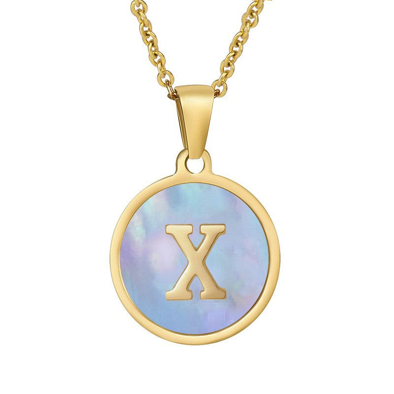 Titanium Steel Blue Shell Initial Pendant Necklace