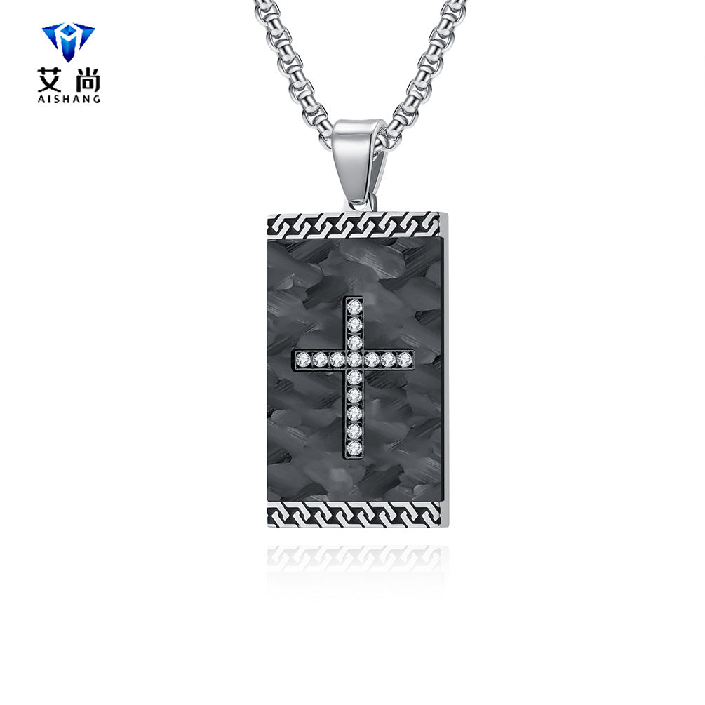 Basic Modern Cross Square Titanium Steel Zircon Men's Pendant Necklace with Vintage Chain Design