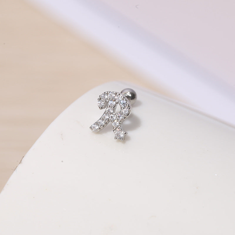 IG Style Shiny Letter Zircon Inlay Stainless Steel Cartilage Stud Earrings with Threaded Screw Closure