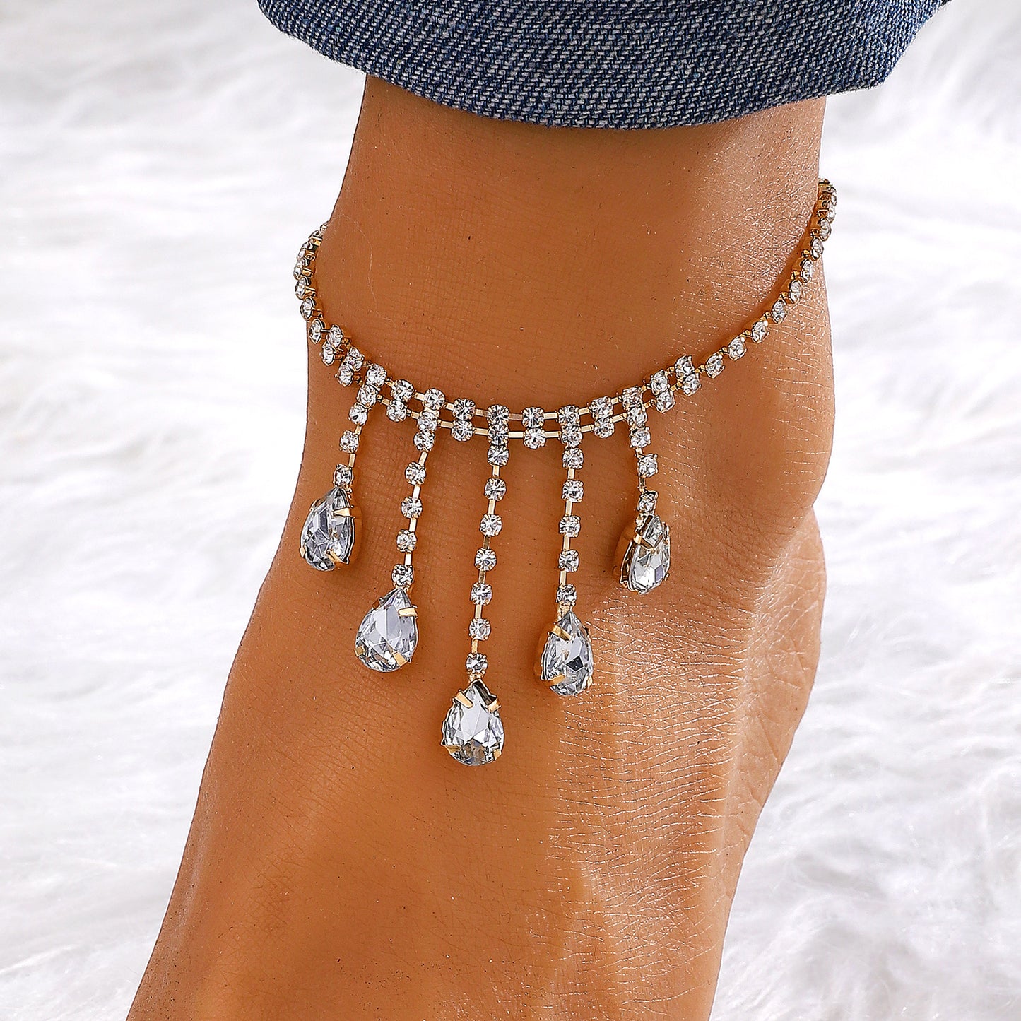 Vacation Bohemian Moon Heart Shape Rhinestone Tassel Layered Women's Anklet