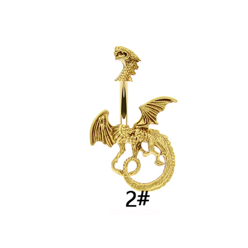 Exaggerated Punk Artistic Heart Shape Snake Dragon Stainless Steel Copper Plating Inlay Zircon White Gold Plated Gold Plated Belly Ring