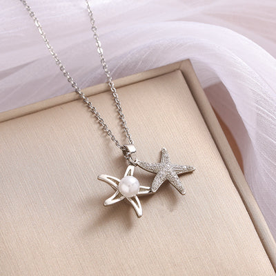 Stainless Steel Starfish Pearl Zircon Pendant Necklace