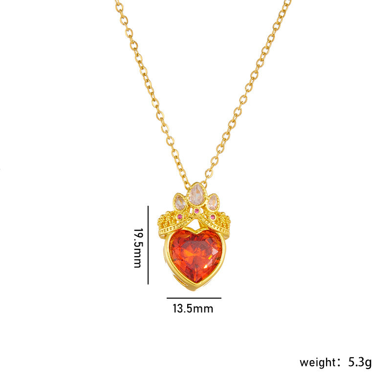 Gold Plated Heart Crown Pendant Necklace - Titanium Steel Pink Clavicle Chain