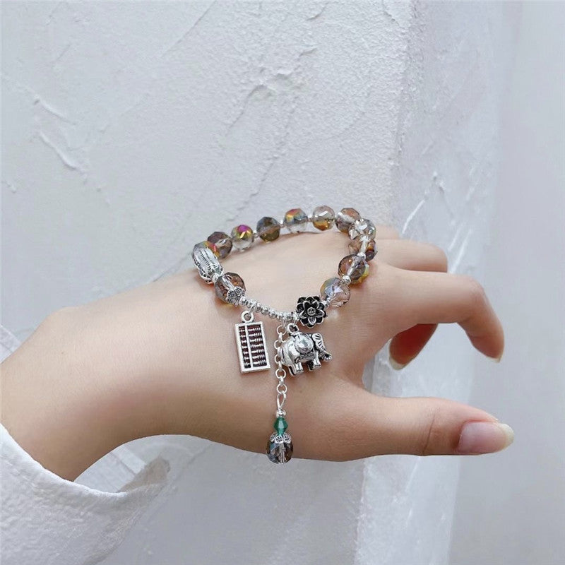 Colorful Crystal Beaded Elephant Charm Bracelet with Tassel and Vintage Silver Pendant