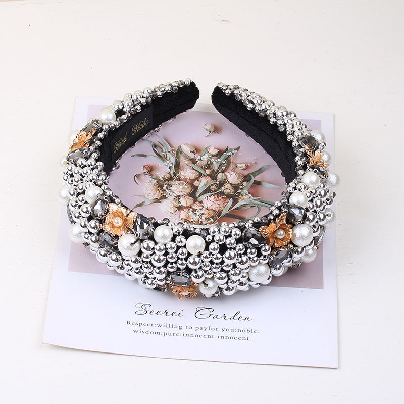 Baroque Rhinestone Pearl Crystal Beaded Wide Headband Hair Accessory