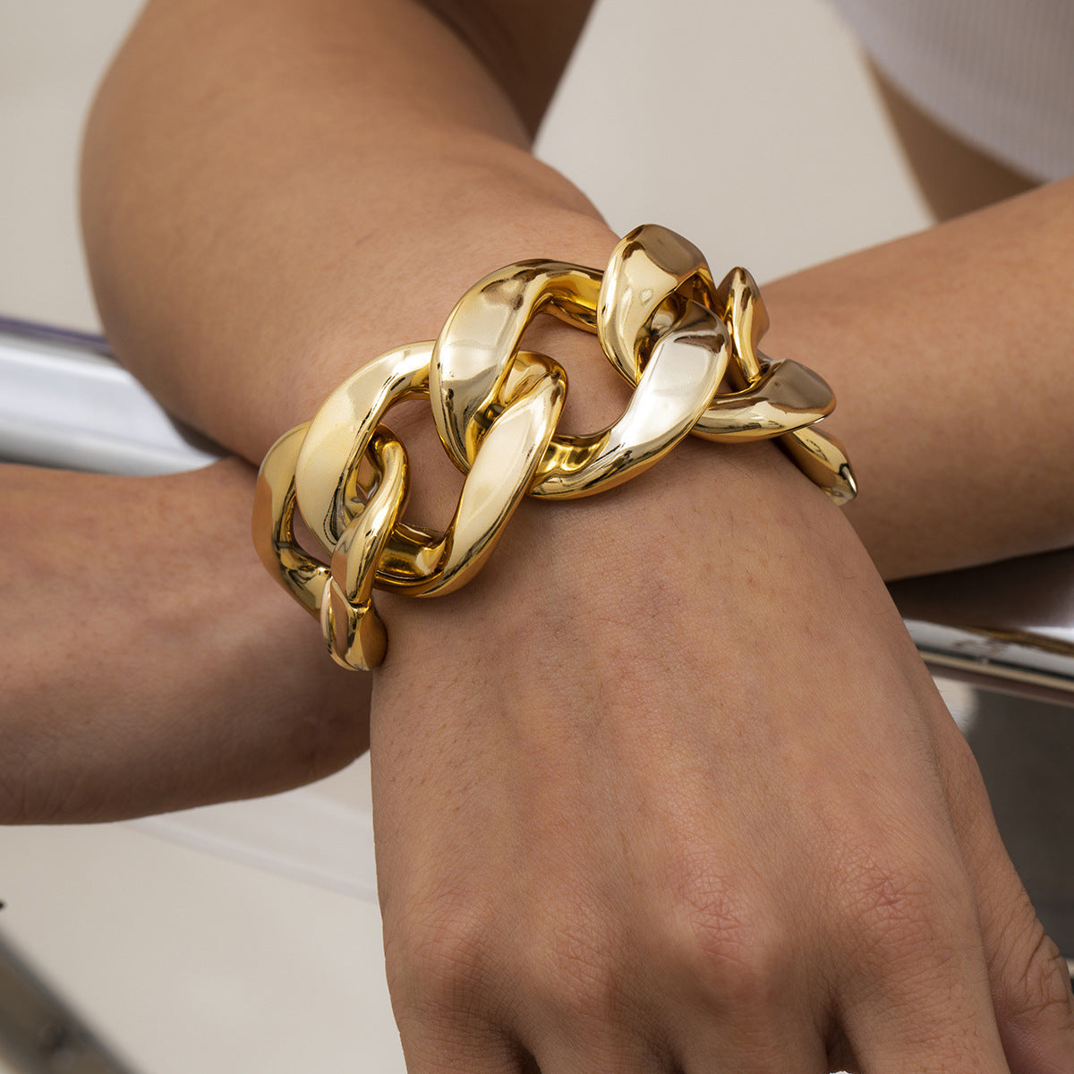 Geometric Iron Women's Bracelet with Gold and Silver Faceted Twisted Chain