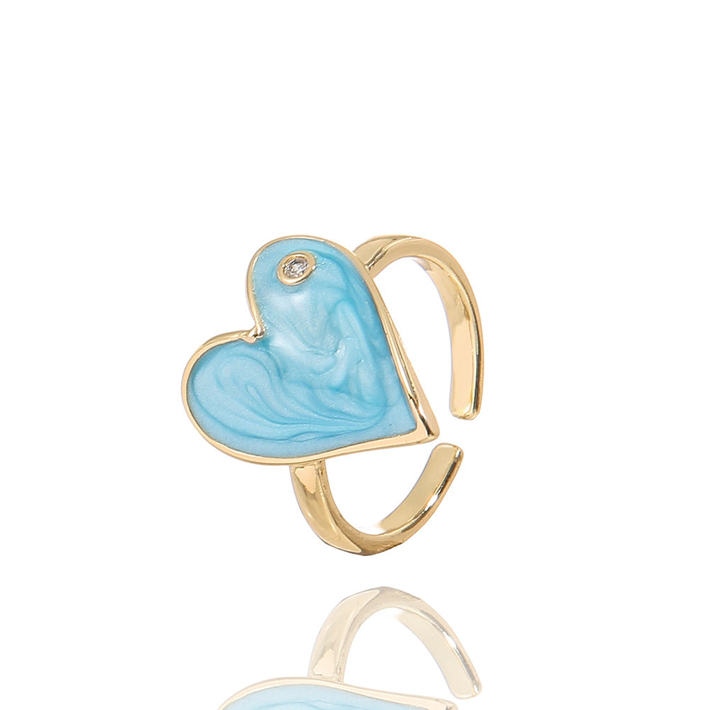 Fashion Heart Shape Adjustable Copper Enamel Zircon Ring