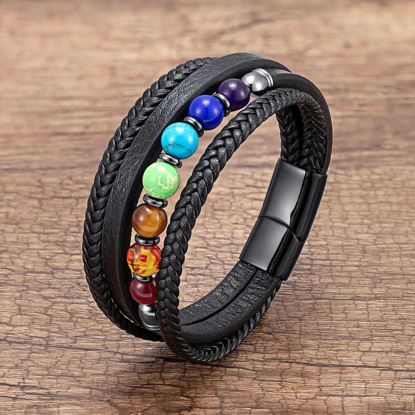 Casual Multi-Layer Leather Rope Chakra Beaded Men's Bracelet with Stainless Steel Clasp