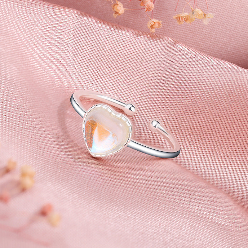 Heart Shape Sterling Silver Moonstone & Pearl Open Ring