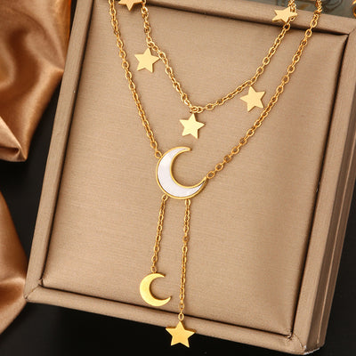 Vintage Style Devil's Eye Star Moon 18K Gold Plated Stainless Steel Layered Necklace with Turquoise and Rhinestones